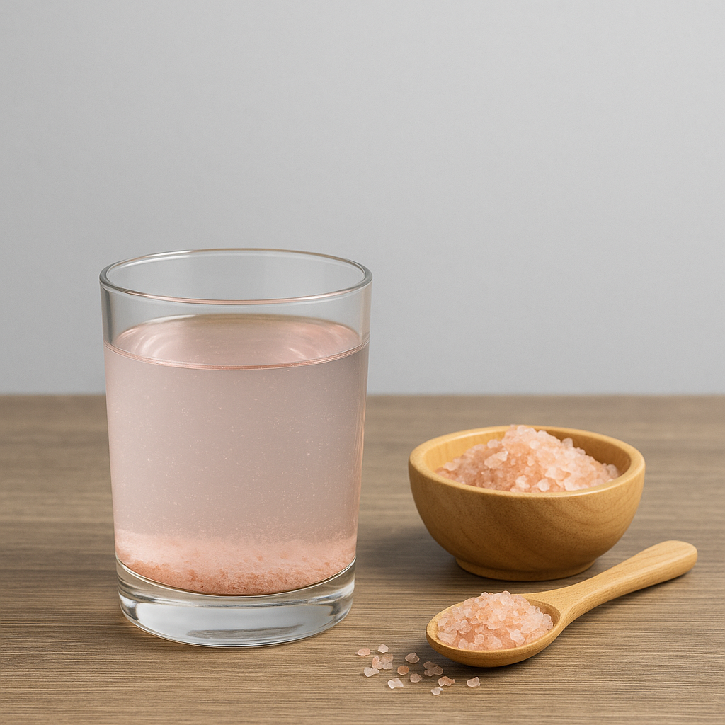 Pink salt trick drink - glass of water with pink himalayan salt